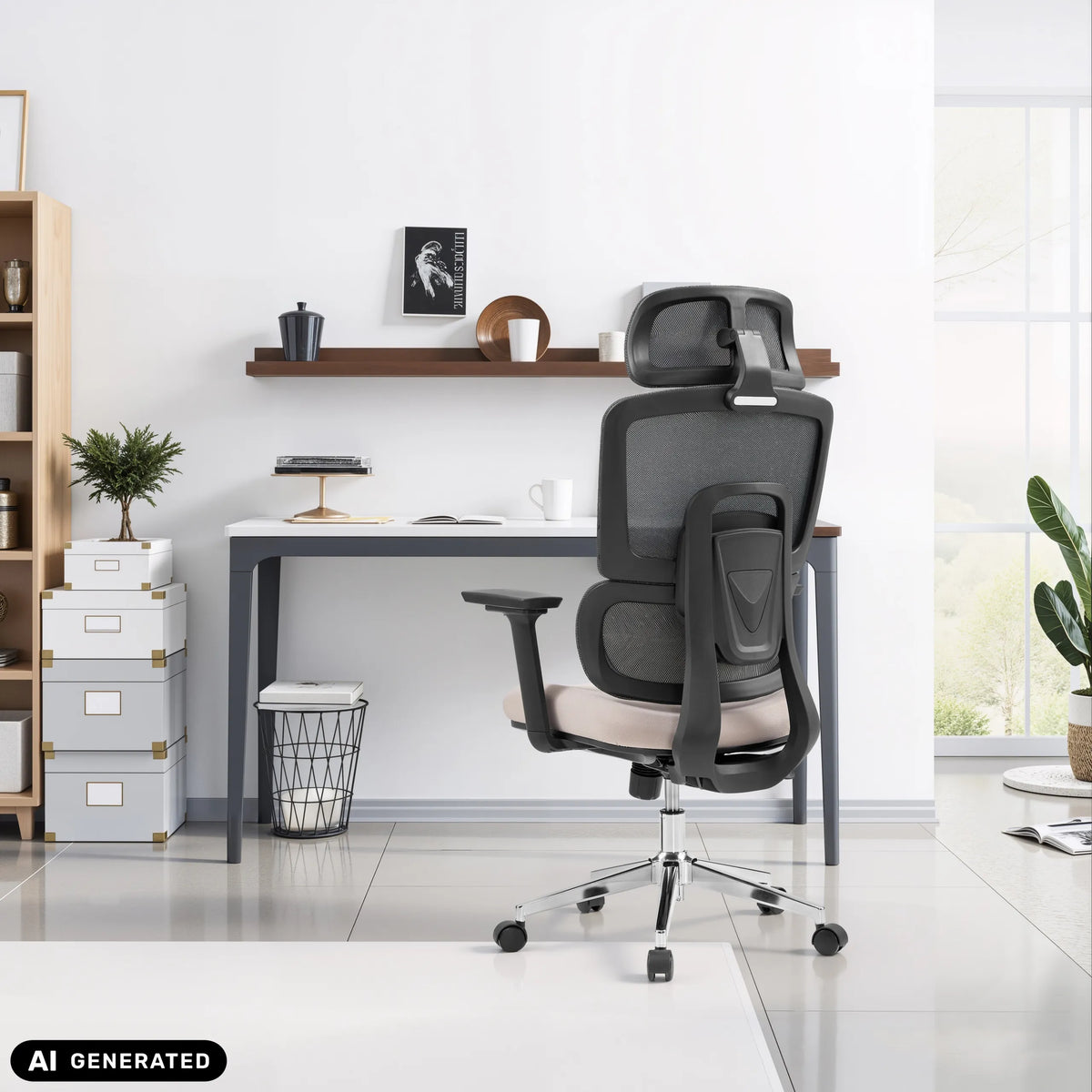 Siège de bureau de qualité professionnelle Ergomy Pro gris foncé et beige avec dossier en maille de hjh OFFICE (image générée par IA)