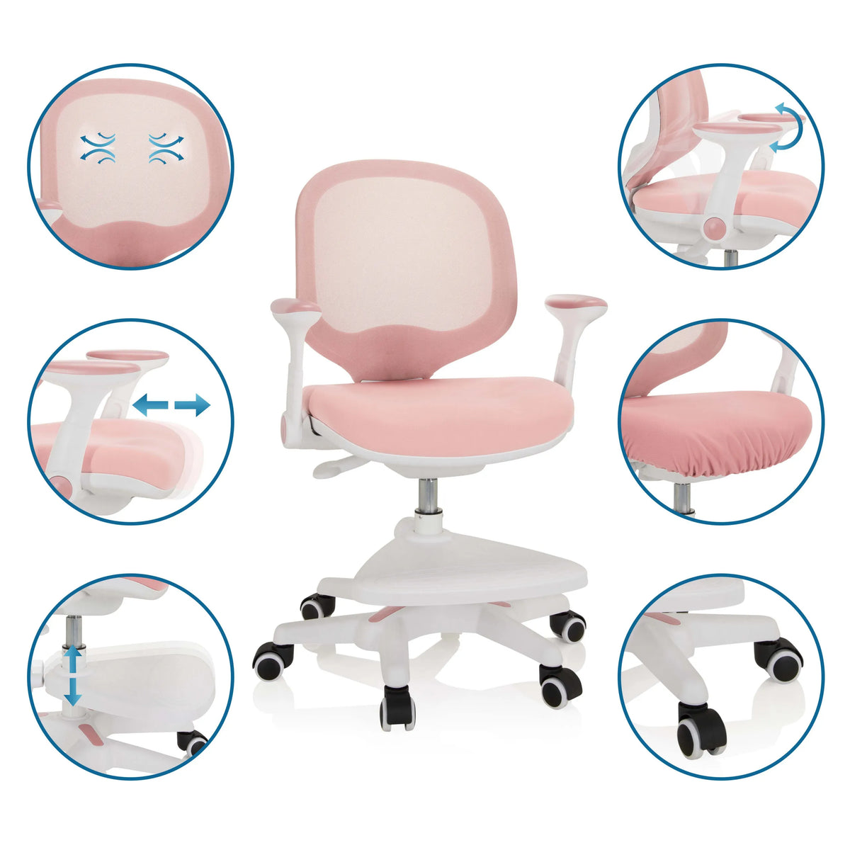 Chaise pour enfants rose KID ERGO avec vues détaillées des accoudoirs réglables, de la hauteur d'assise et des roulettes de hjh OFFICE