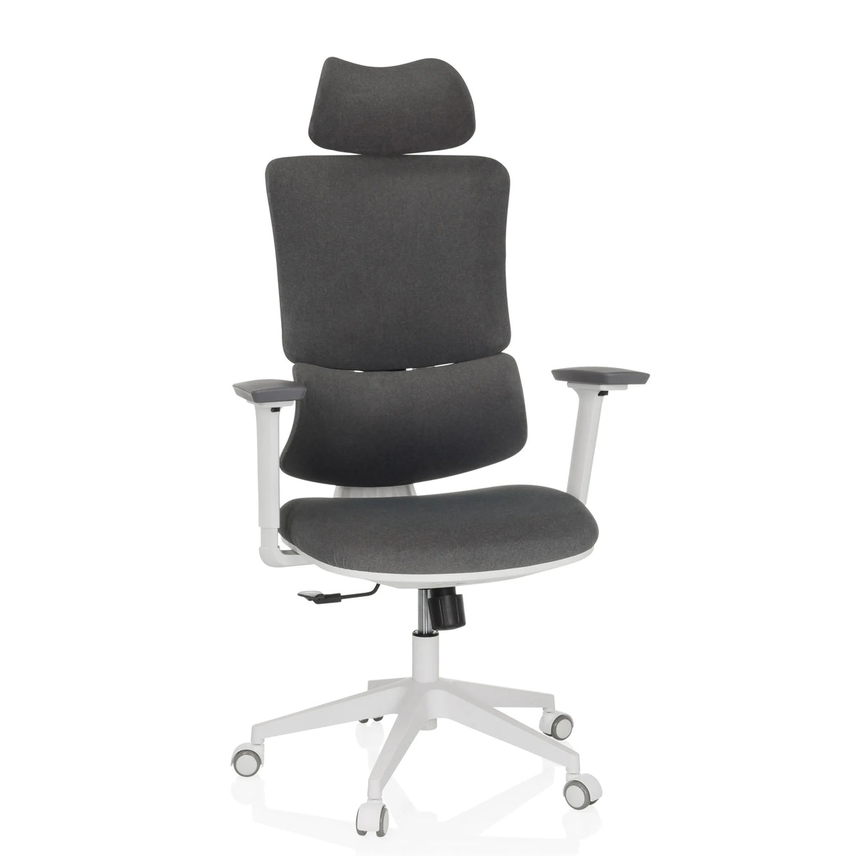 Siège de bureau à domicile ERGOMY WF gris avec revêtement en tissu, cadre blanc et base à cinq roulettes de MyBuero – vue à 360° (vue de face 15°)