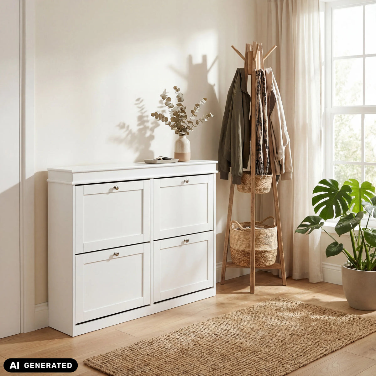 Armoire à chaussures Estha 40 blanche avec quatre compartiments abattants et poignées argentées de hjh LIVING (image générée par IA)