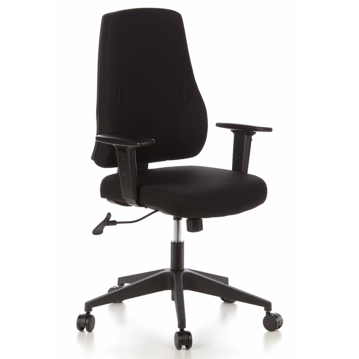 Siège de bureau de qualité professionnelle PRO-TEC 100 noir avec accoudoirs et base à cinq roulettes de hjh OFFICE – vue à 360° (vue de trois quarts avant 40°)