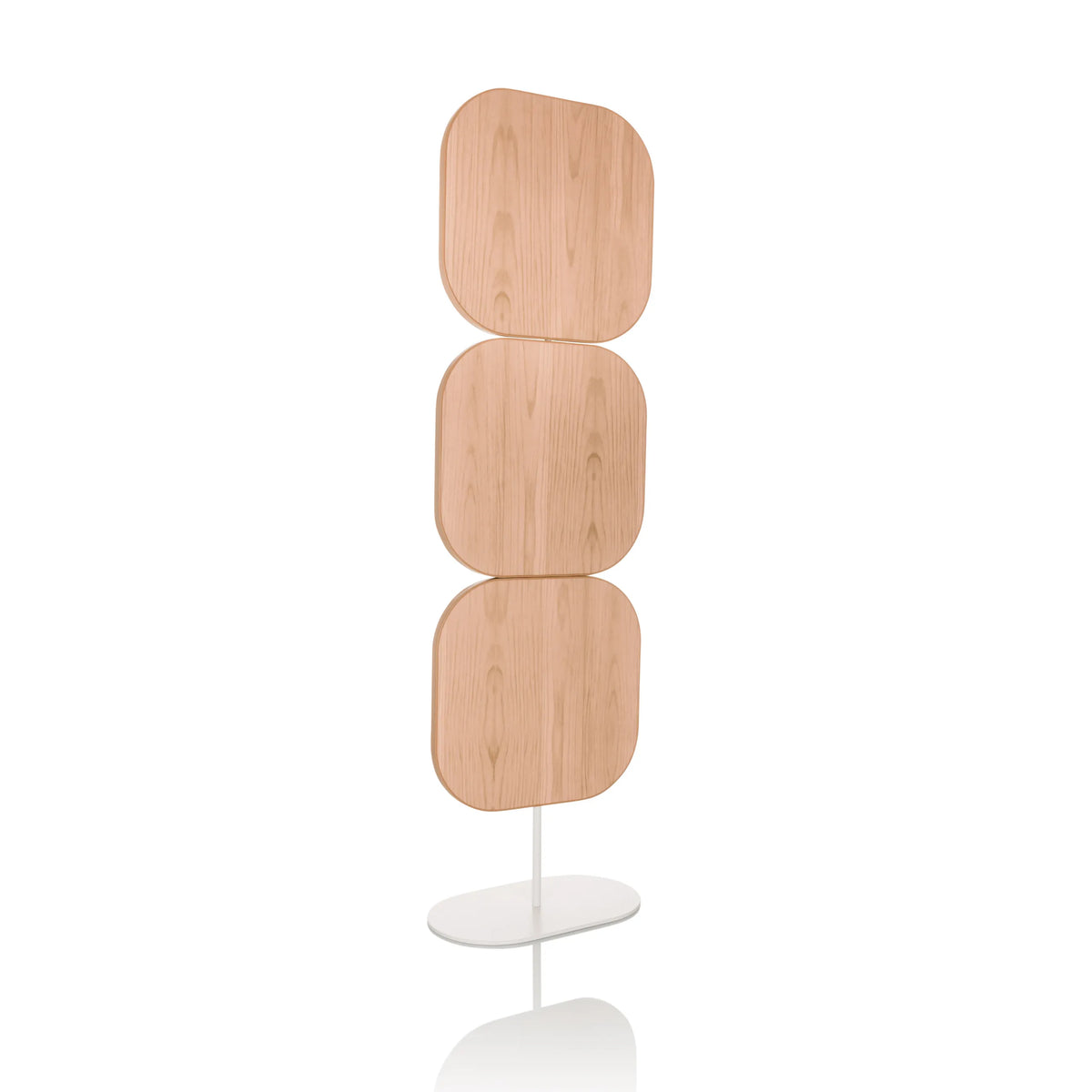 Cloison de séparation beige FLEXMIUT W avec trois éléments carrés et pied blanc de hjh OFFICE – vue à 360° (vue de trois quarts avant 27°)