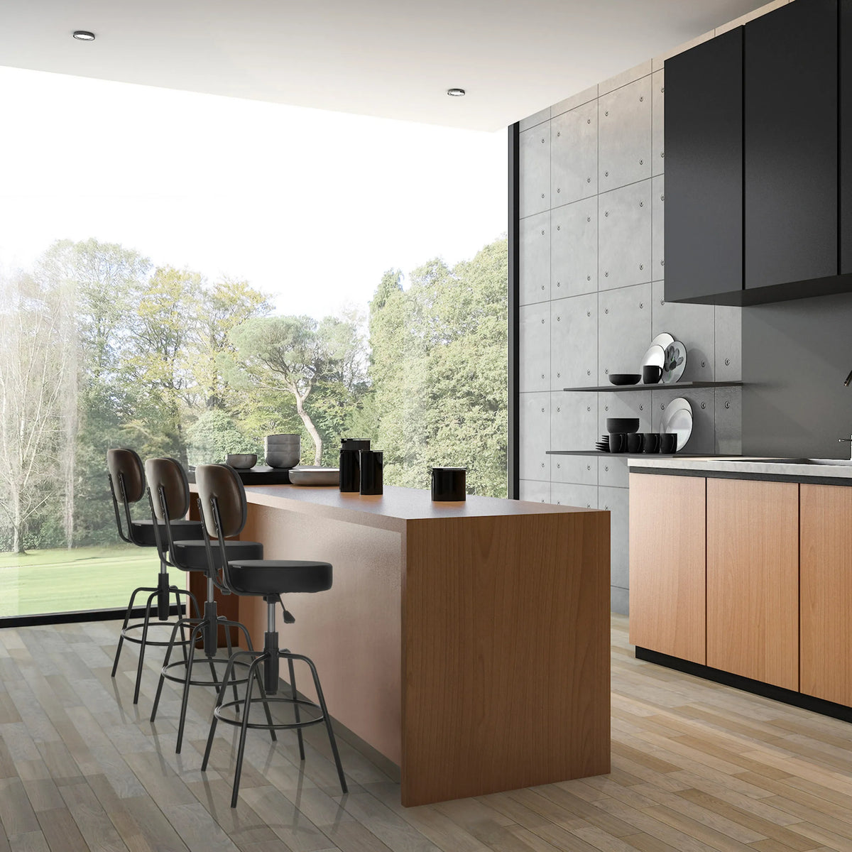 Trois tabourets de bar DISC HIGH noirs avec structure en métal à un îlot de cuisine de hjh OFFICE