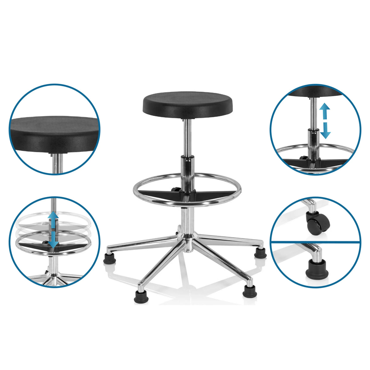 Tabouret pivotant réglable en hauteur TOP WORK 14 I en noir avec repose-pieds et choix entre patins ou roulettes de hjh OFFICE