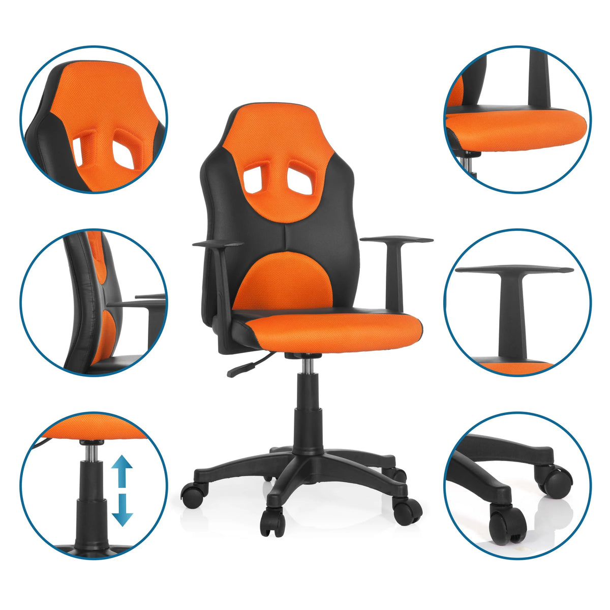 Chaise pivotante pour des enfants KID GAME AL en noir-orange avec vues détaillées des accoudoirs, du vérin à gaz et des roulettes de hjh OFFICE