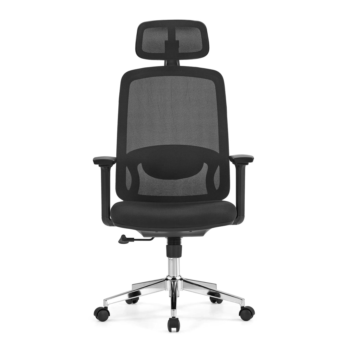 Siège de bureau de qualité professionnelle Ergosento noir avec dossier en maille, appui-tête et piètement à cinq roulettes de hjh OFFICE – vue à 360° (vue de face 0°)