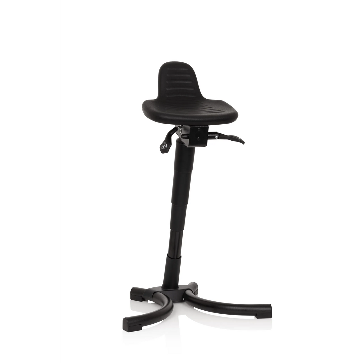 Siège assis-debout TOP WORK 34 noir avec assise, dossier et base à quatre pieds de hjh OFFICE – vue à 360° (vue de face 20°)