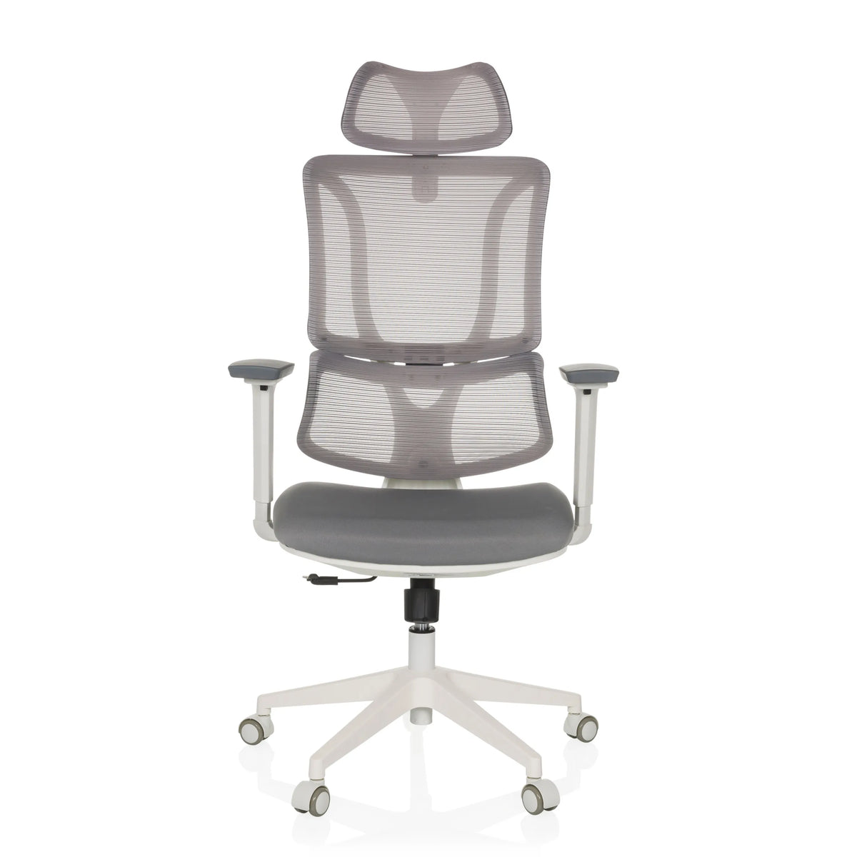 Siège de bureau de qualité professionnelle ERGOMY W gris, dossier maille et piètement blanc à 5 roulettes de MyBuero – vue à 360° (vue de face 0°)