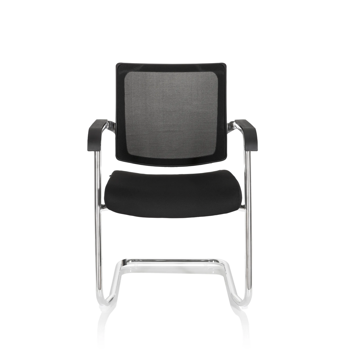 Chaises cantilever LEVIA V noires avec dossier en maille, accoudoirs et piètement luge de hjh OFFICE – vue à 360° (vue de face 0°)