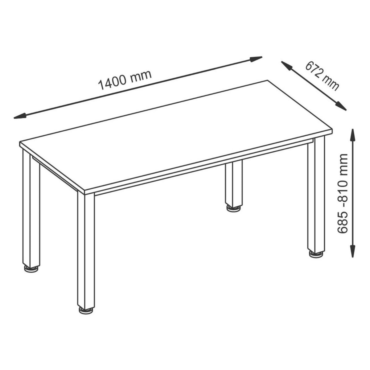 Dessin coté du bureau QUEO 614 S avec dimensions 1400 mm de longueur, 672 mm de profondeur et 685-810 mm de hauteur de hjh OFFICE PRO