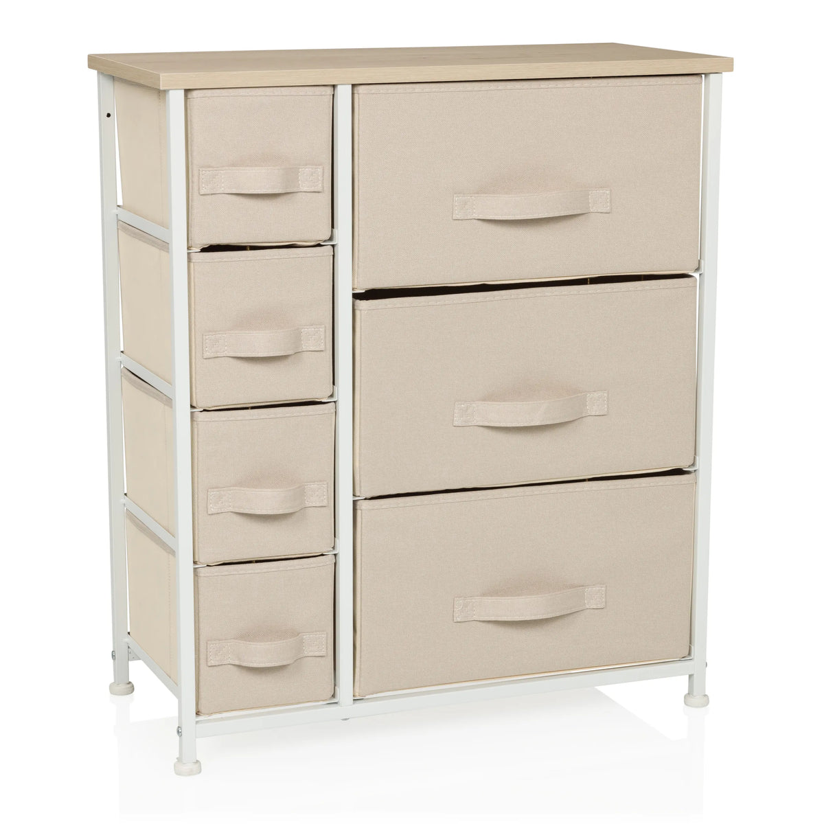 Commode beige FOLDRESS B avec sept tiroirs en tissu et structure blanche de hjh LIVING – vue à 360° (vue de face 15°)