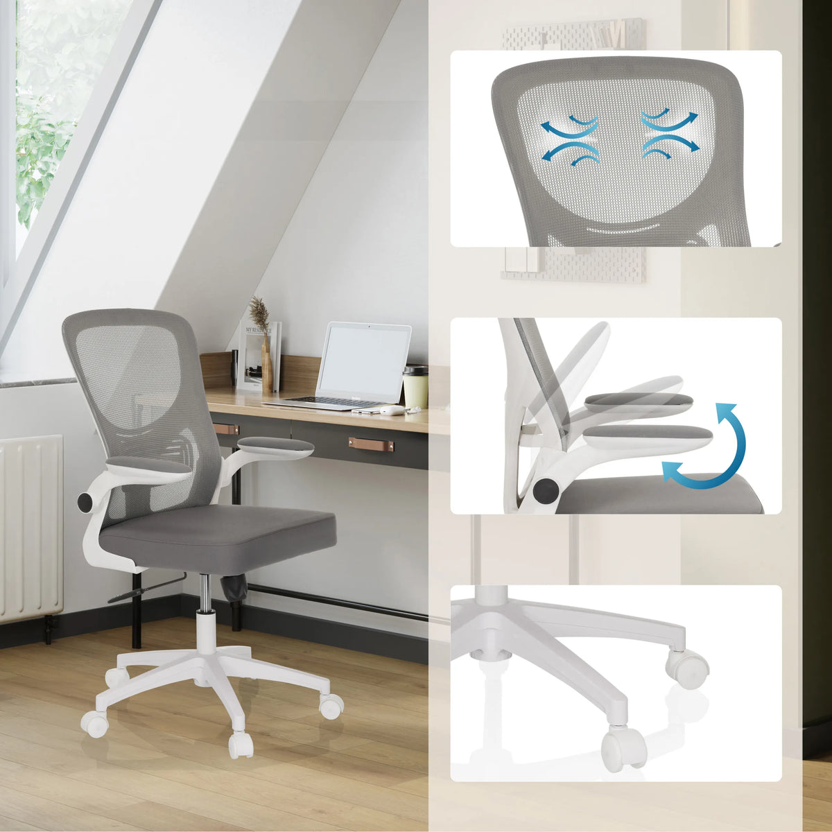 Siège de bureau à domicile BELIO W gris avec dossier en maille, accoudoirs réglables et roulettes de hjh OFFICE