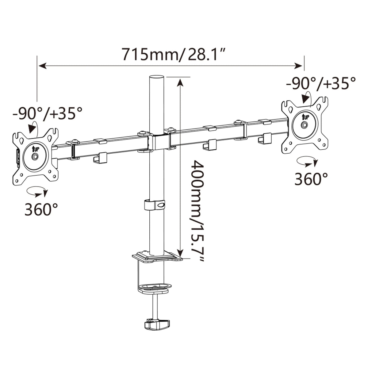 Dessin technique de la Fixation pour écran Ergomount M2 d'une largeur de 715 mm de hjh OFFICE