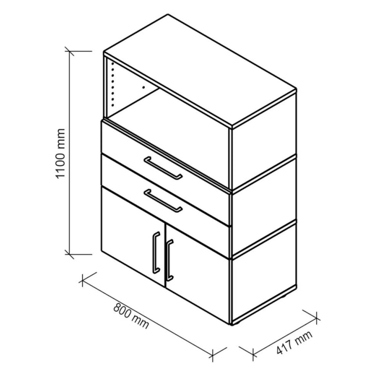 Dessin technique du buffet FlexWall de 1100 × 800 mm de hjh OFFICE PRO