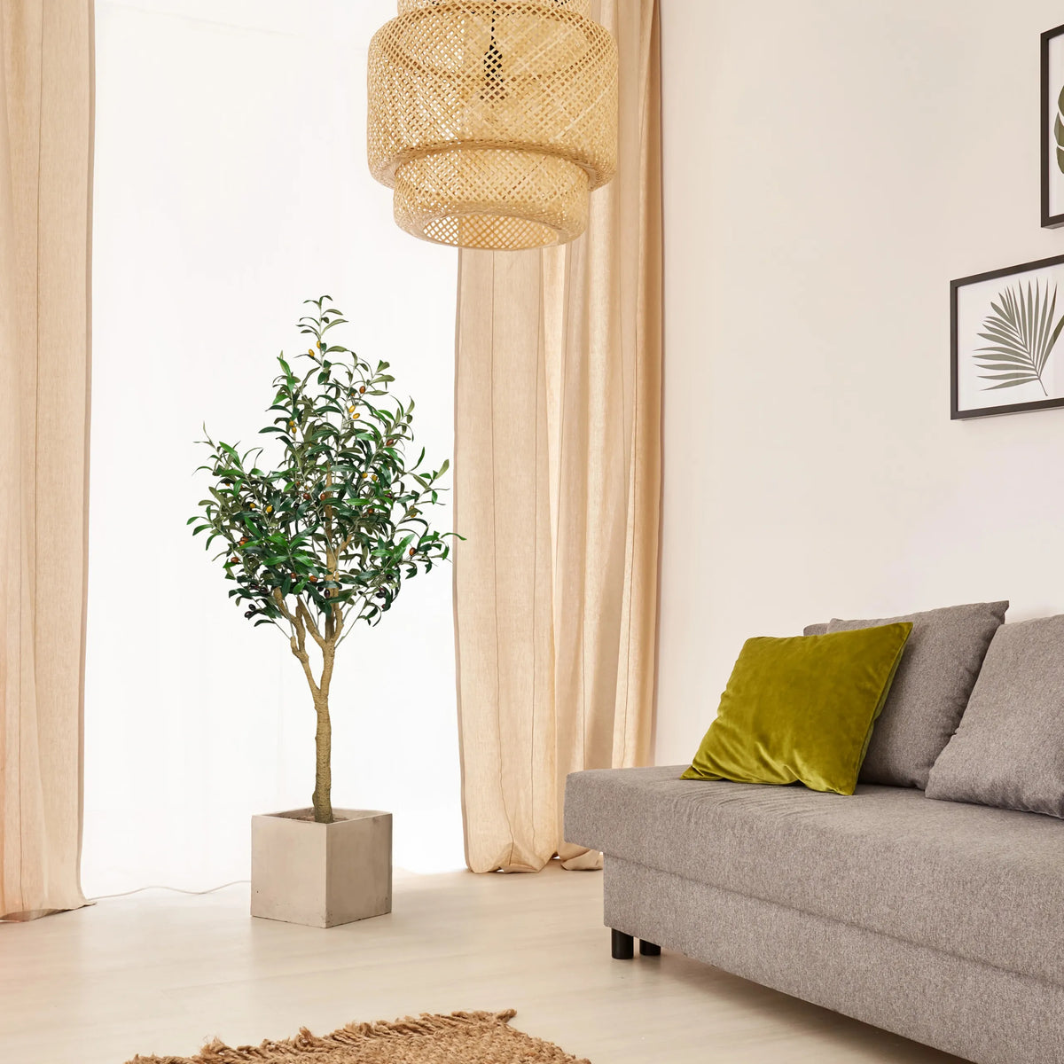 Plante artificielle verte OLIVE II dans un pot carré en béton de hjh OFFICE