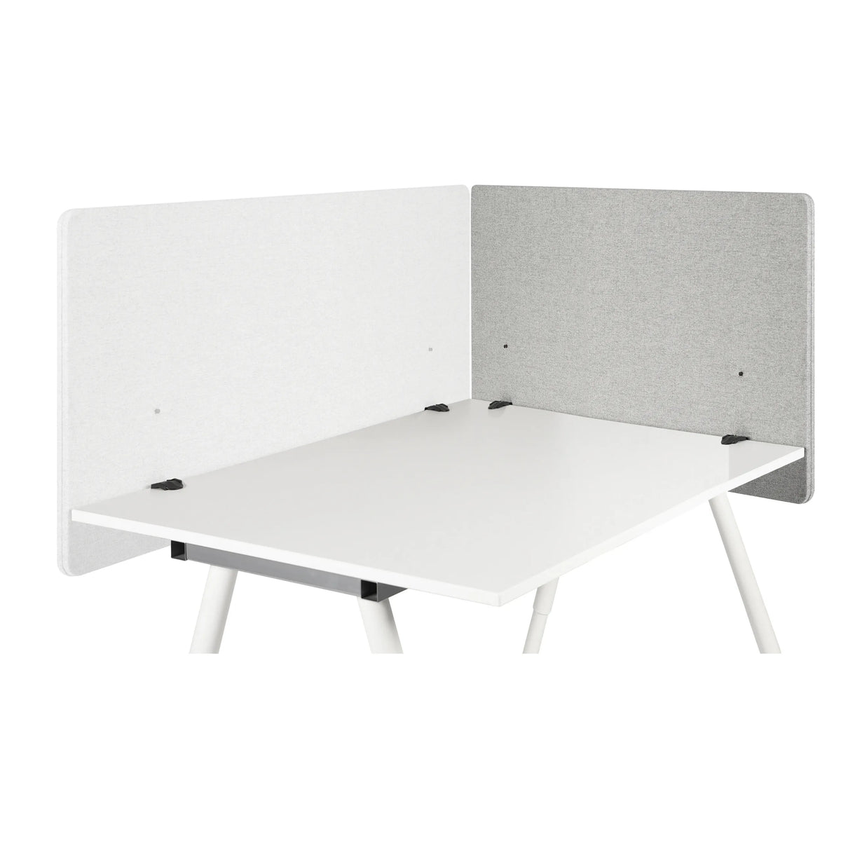 Cloisons de table FLEXMIUT D SIDE en gris clair sur un plateau de table blanc de hjh OFFICE