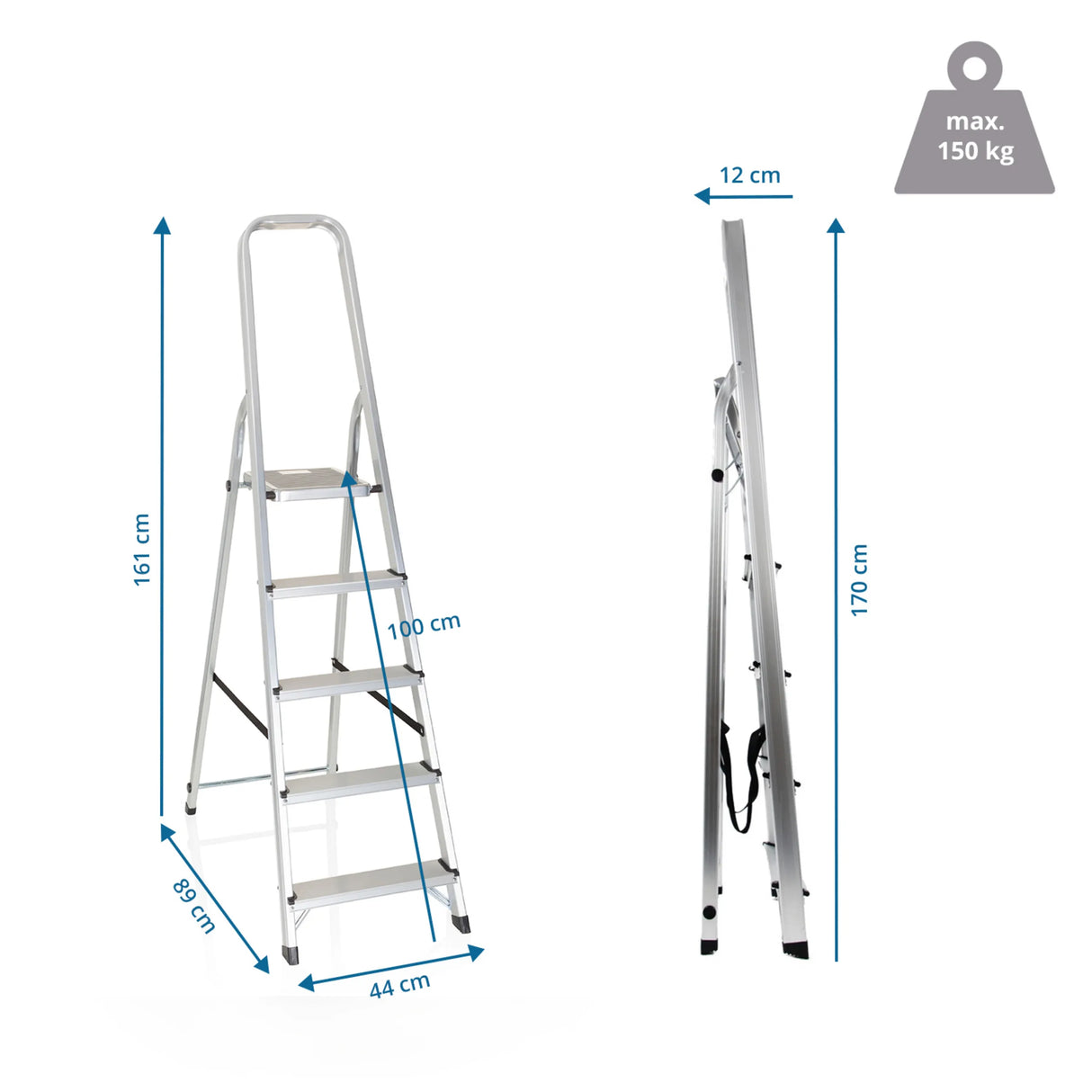 Dessin coté de l'Échelle pliante SOLID III avec une hauteur de 170 cm et une capacité de charge de 150 kg de hjh OFFICE