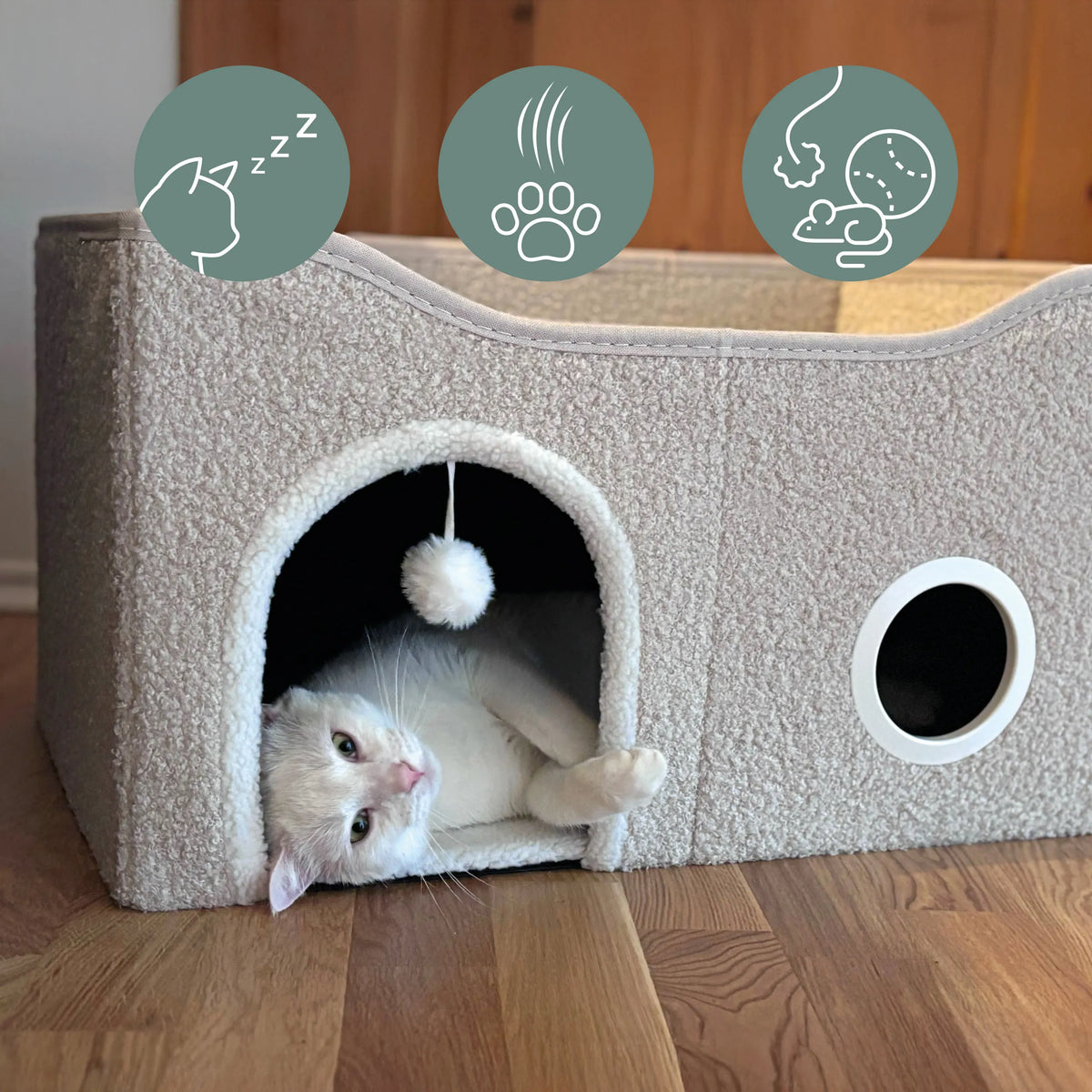 Grotte pour chat PAWY EB beige avec entrée ronde et balle de jeu de hjh LIVING