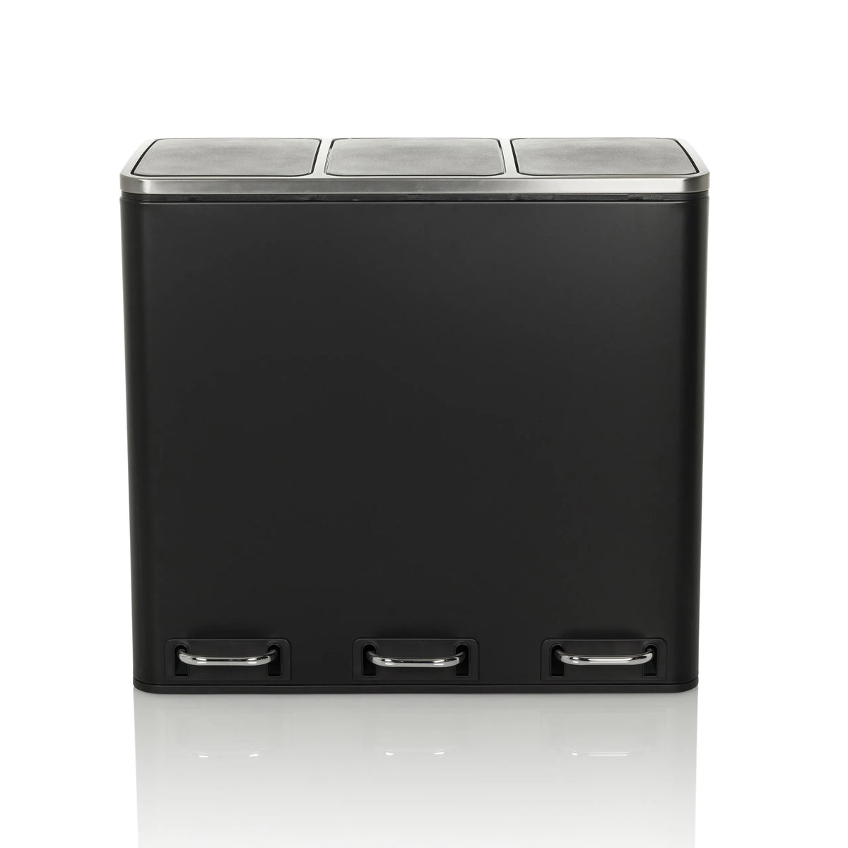 Poubelle noire Clean 9 avec trois compartiments, couvercles argentés et pédales de hjh OFFICE – vue à 360° (vue de face 0°)
