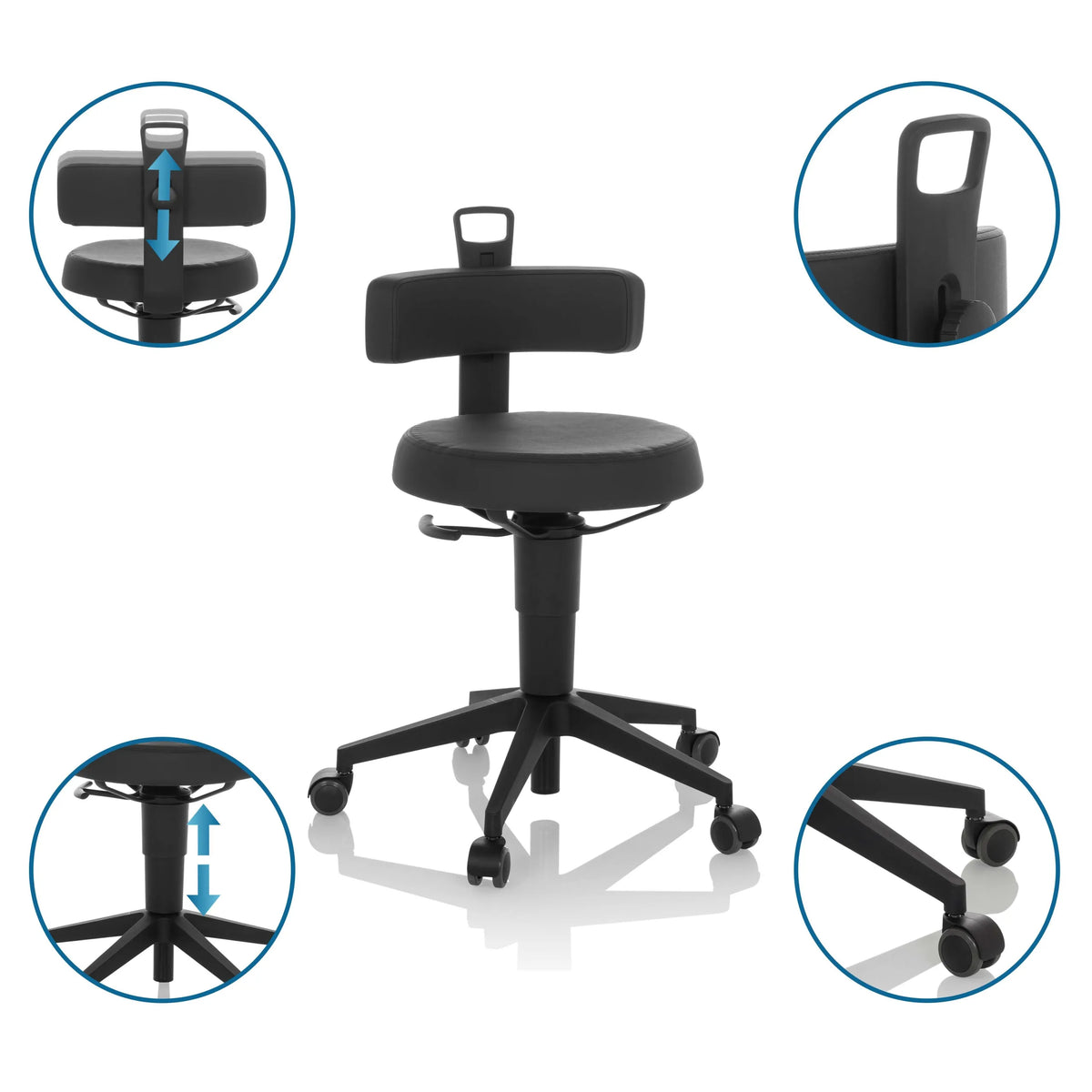Tabouret pivotant TOP WORK FLEX PU noir en similicuir avec dossier réglable en hauteur et roulettes de hjh OFFICE