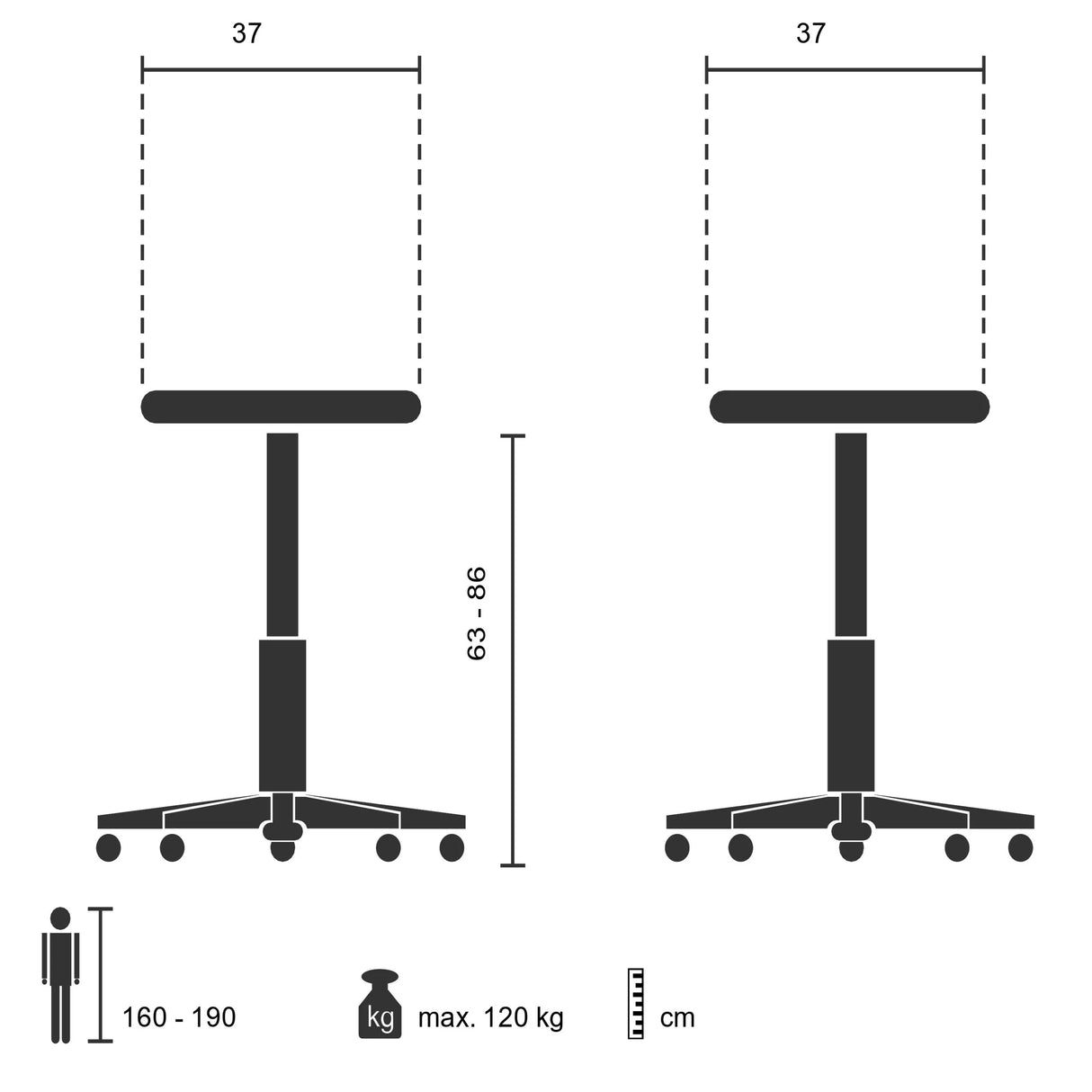 Dessin technique du siège assis-debout BALANCE SIT d'une largeur de 37 cm et d'une capacité de charge de 120 kg de hjh OFFICE