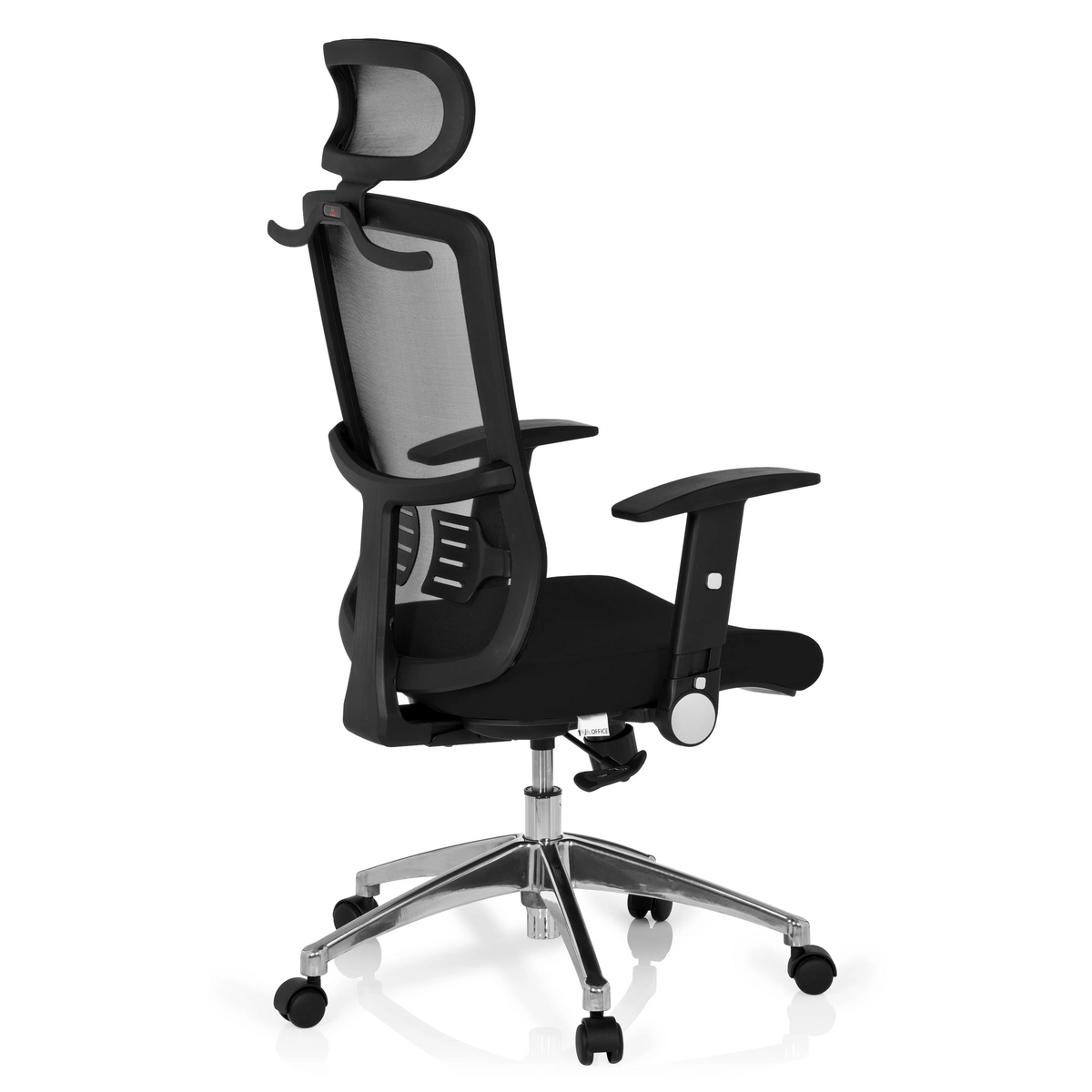 Siège de bureau de qualité professionnelle CAYEN noir, dossier mesh, appuie-tête et base à 5 roulettes de hjh OFFICE – vue à 360° (vue de trois quarts arrière 120°)