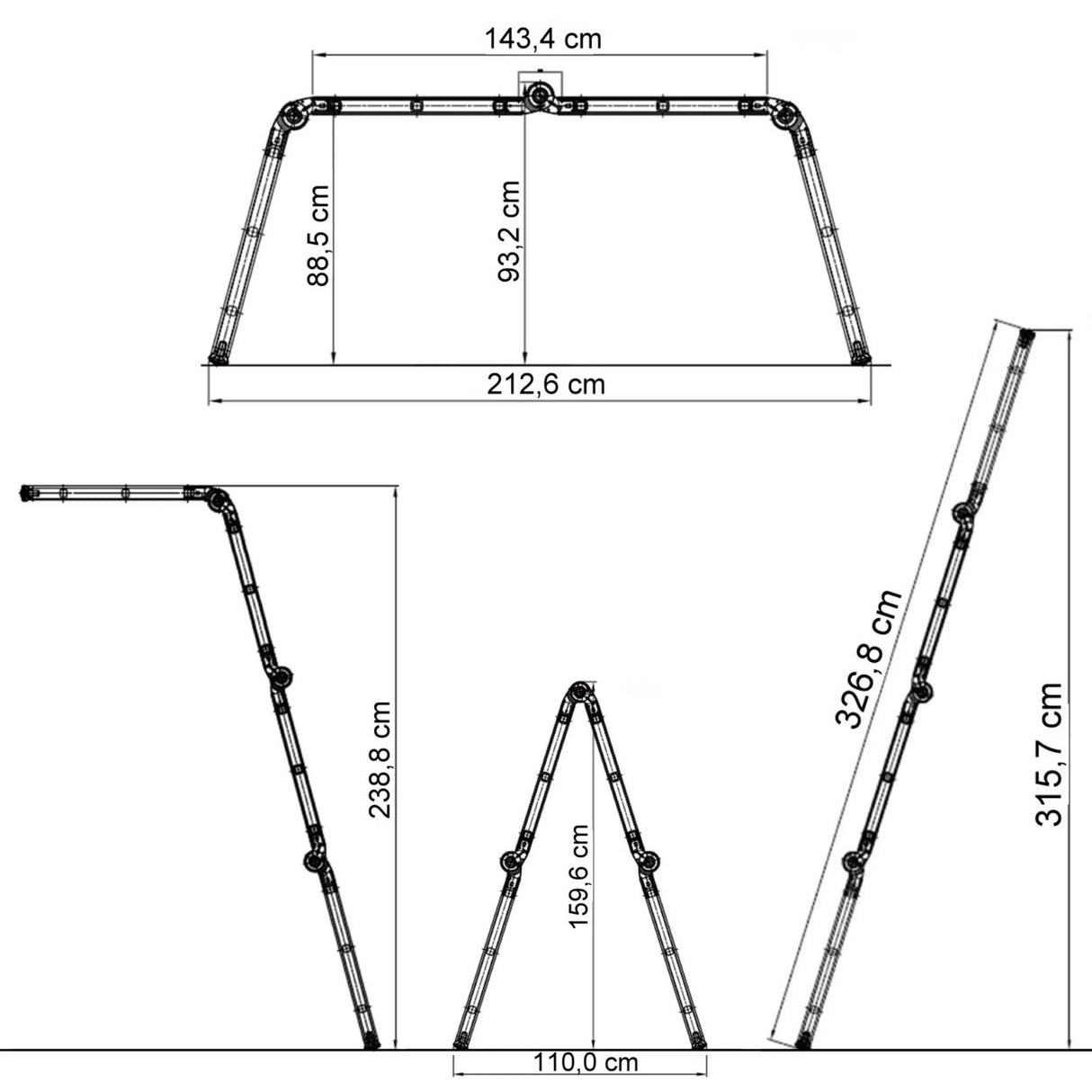 Dessin technique de l'Échelle pliante SOLID W3 avec une largeur de 212,6 cm de hjh OFFICE