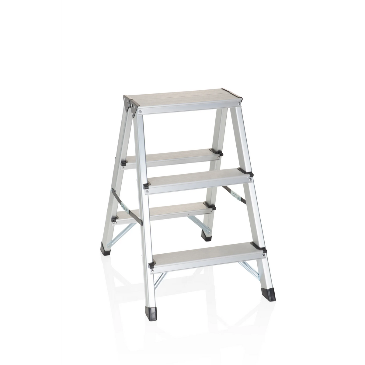 Échelle pliante SOLID argentée en aluminium avec trois marches de hjh OFFICE – vue à 360° (vue de face 20°)