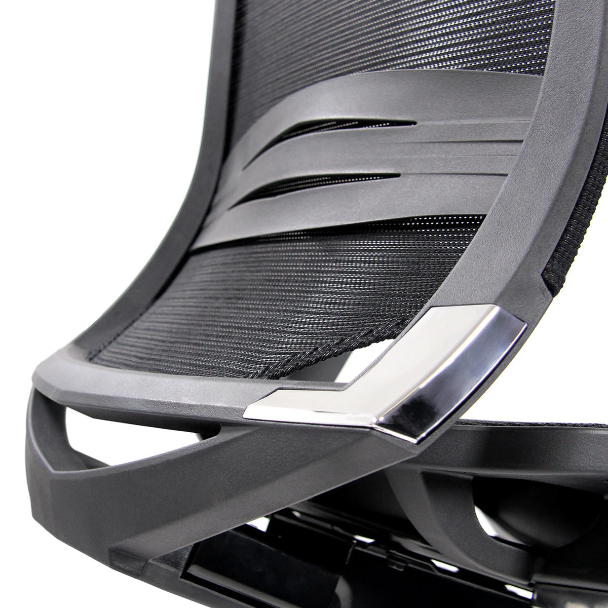 Dossier en maille et élément chromé de la chaise de comptoir TOP WORK 78 en noir de hjh OFFICE