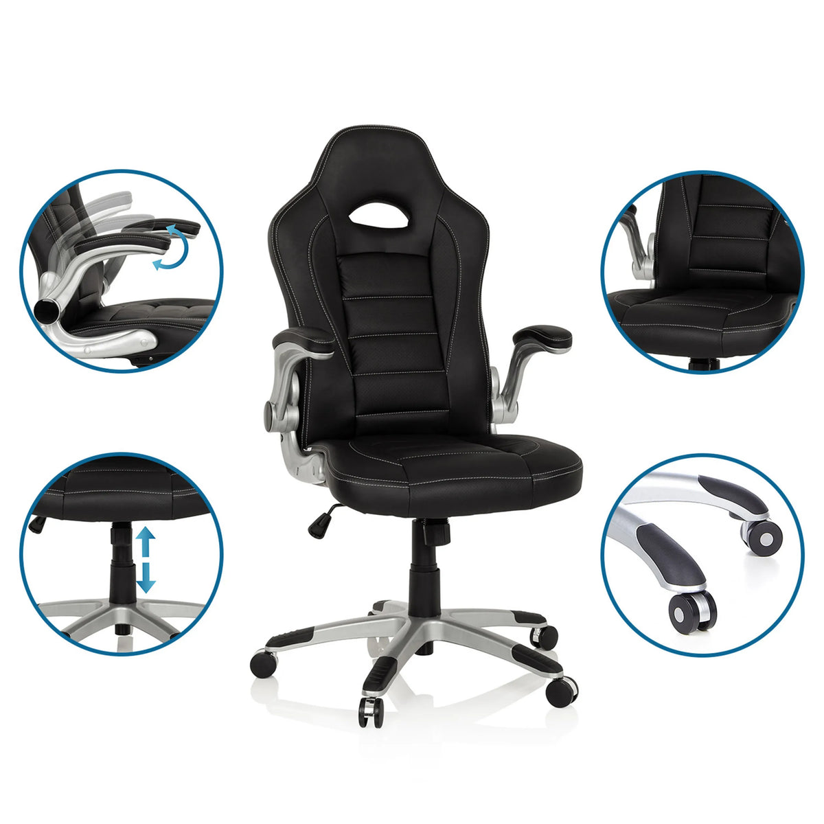 Fauteuil Gamer GAME SPORT en noir avec accoudoirs réglables et vérin à gaz de hjh OFFICE