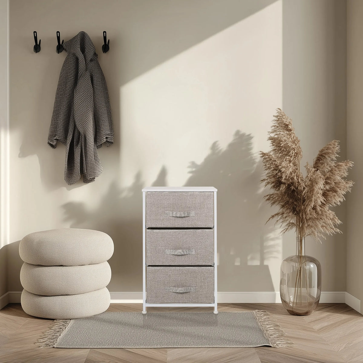 Commode grise FOLDRESS M avec trois tiroirs en tissu et structure blanche de hjh LIVING