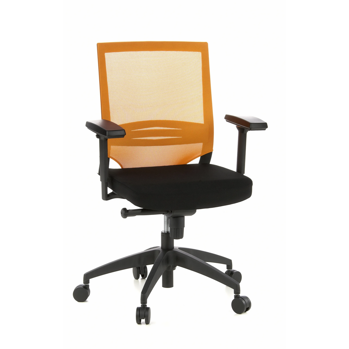 Siège de bureau de qualité professionnelle PORTO BASE noir et orange, dossier maille et base à 5 roulettes de hjh OFFICE – vue à 360° (vue de face 20°)
