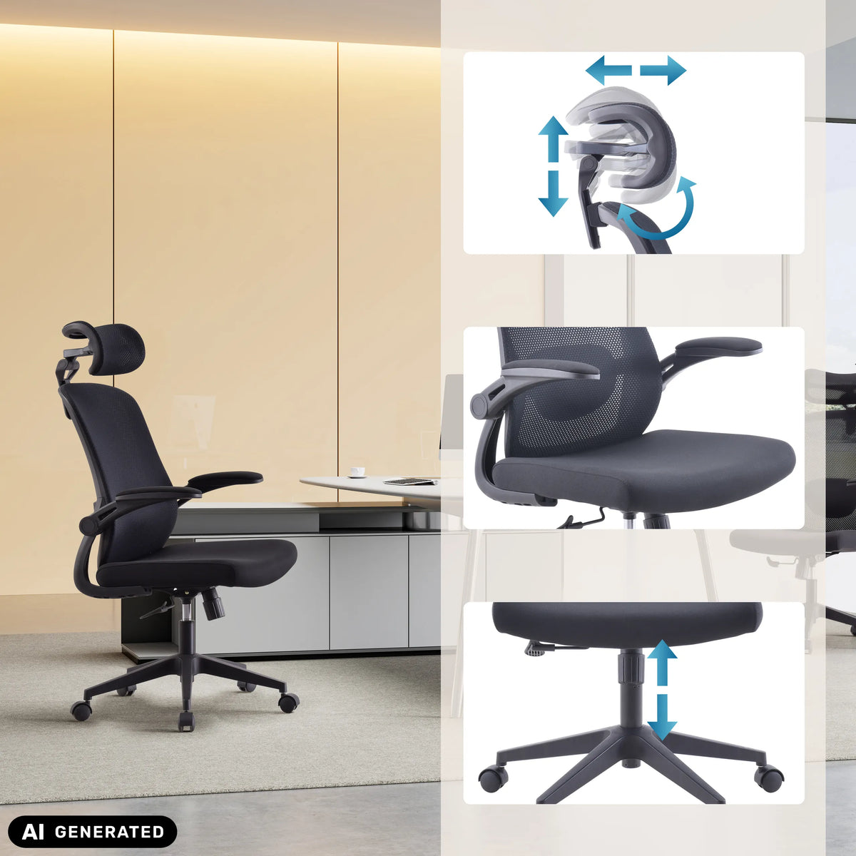 Siège de bureau à domicile Vertuflex en noir avec appuie-tête et accoudoirs réglables de MyBuero (image générée par IA)
