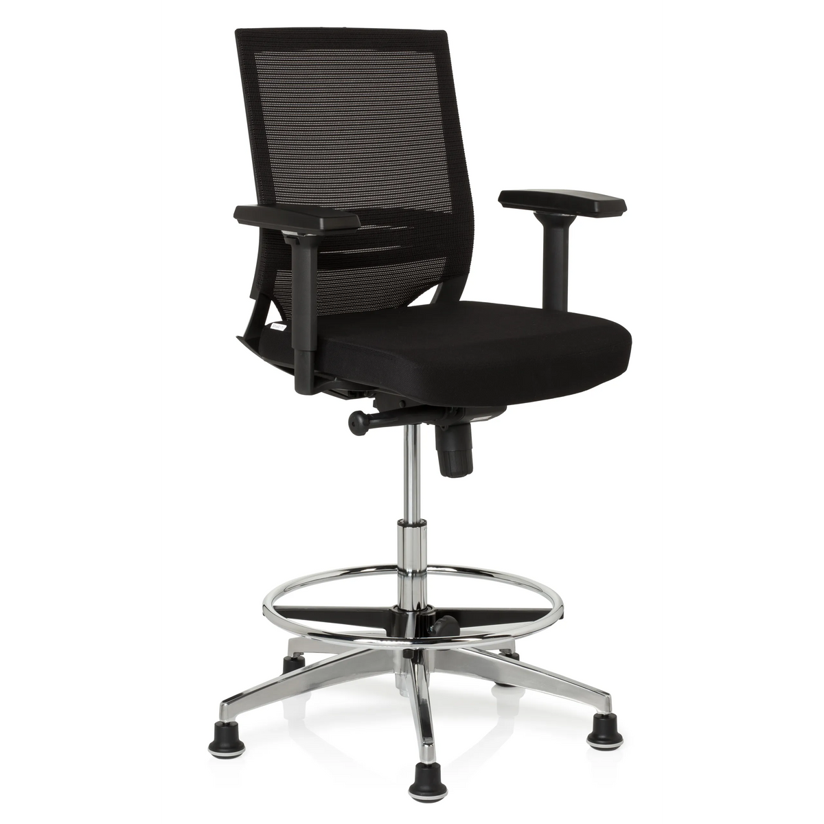 Chaise de comptoir TOP WORK 77 noire avec dossier en maille, repose-pieds et cinq patins de hjh OFFICE – vue à 360° (vue de trois quarts avant 40°)