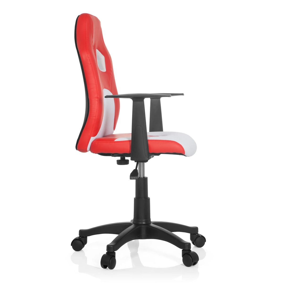 Chaise pivotante pour enfants TEEN GAME AL rouge et blanche avec accoudoirs et pied étoilé noir à cinq roulettes de hjh OFFICE – vue à 360° (vue de profil 80°)