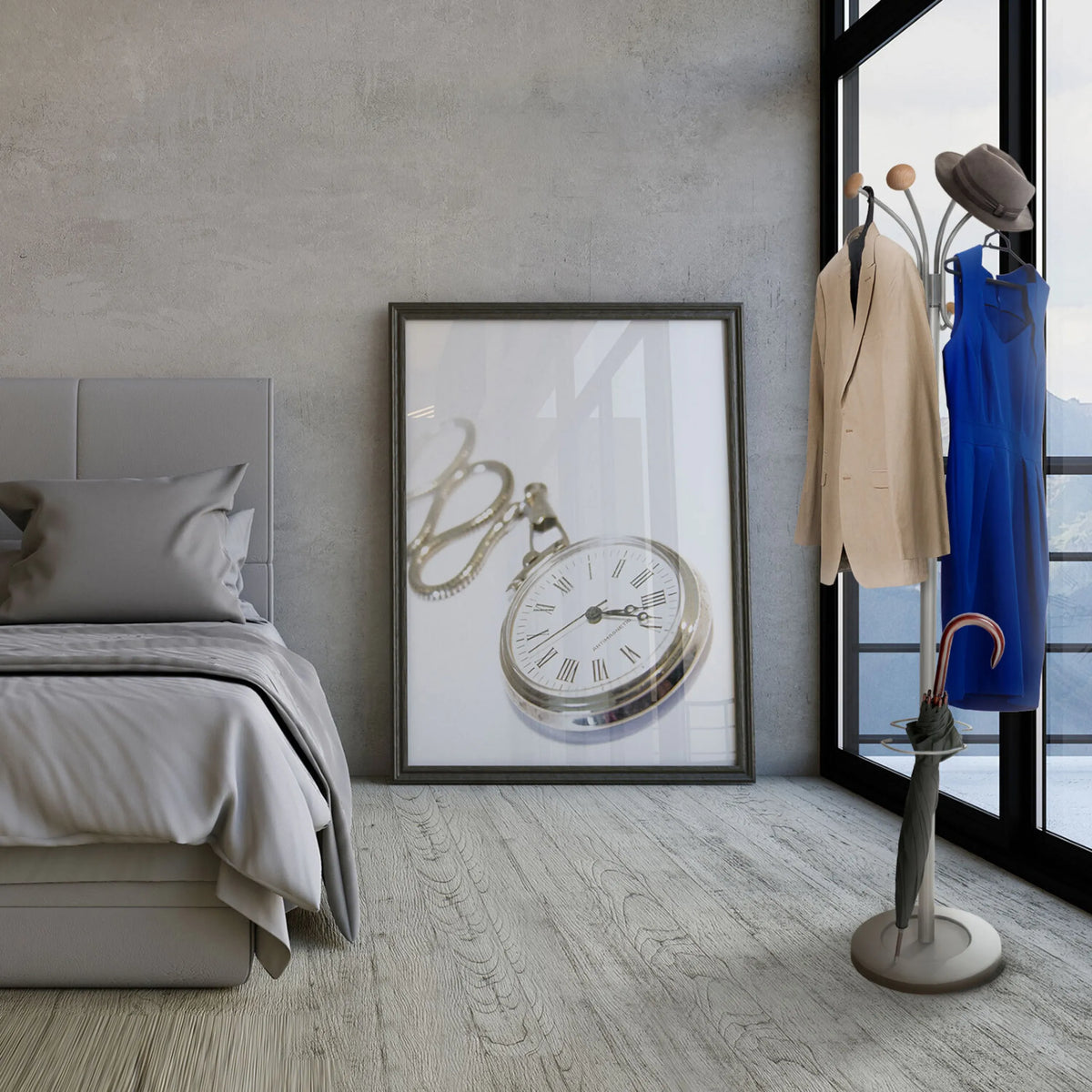 Portemanteau SPACE en argent avec cintres et un parapluie dans une pièce au design moderne de hjh OFFICE