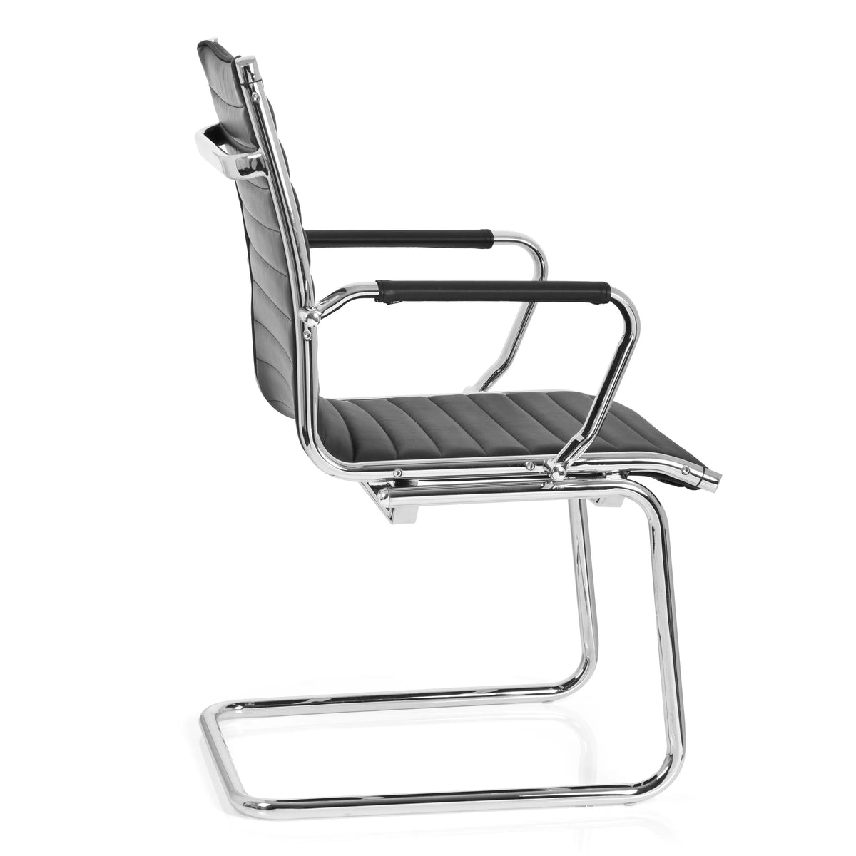 Chaises cantilever VEMONA V noires avec surpiqûres transversales et accoudoirs en chrome de hjh OFFICE – vue à 360° (vue de profil 100°)