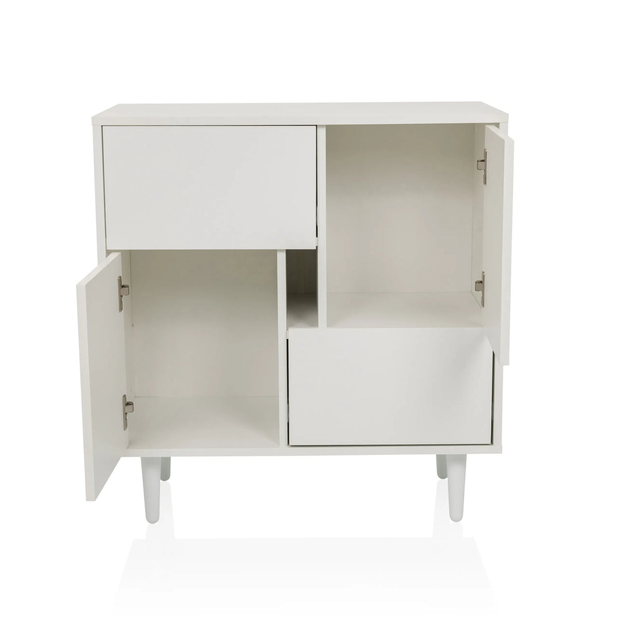 Commode blanche LYKKJA avec deux niches ouvertes, un tiroir et une porte ouverte sur quatre pieds de hjh LIVING