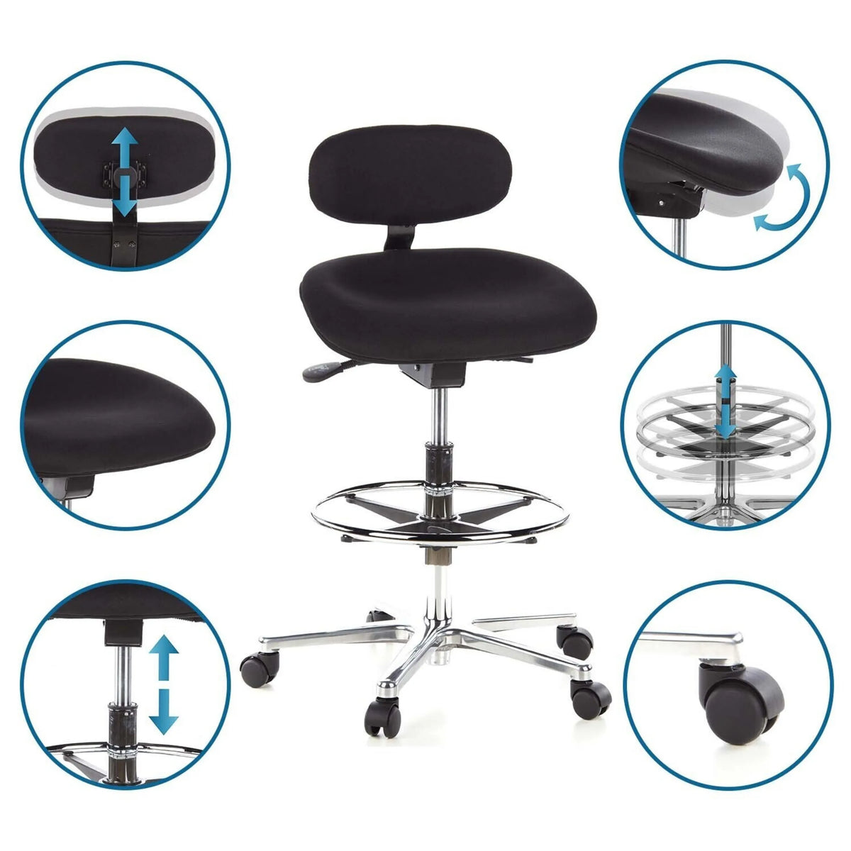 Chaise de comptoir WORK MF réglable en hauteur en noir avec repose-pieds et appui-tête de hjh OFFICE