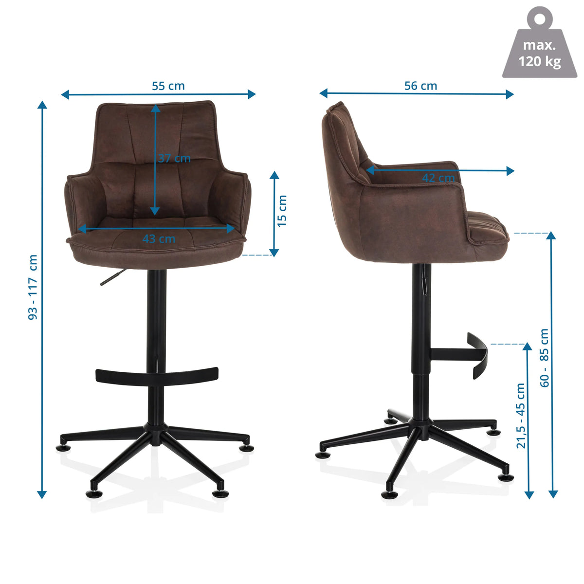 Dessin coté du Tabouret de bar SOLAO LIFE HIGH avec une hauteur totale de 93-117 cm de hjh LIVING