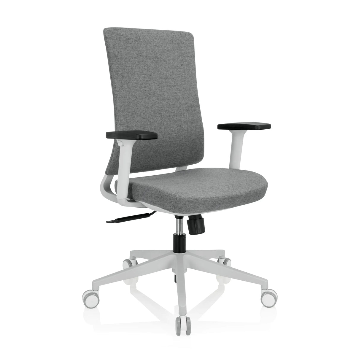 Siège de bureau de qualité professionnelle COMFIO WP gris avec accoudoirs et piètement blanc à cinq roulettes de hjh OFFICE – vue à 360° (vue de trois quarts avant 40°)