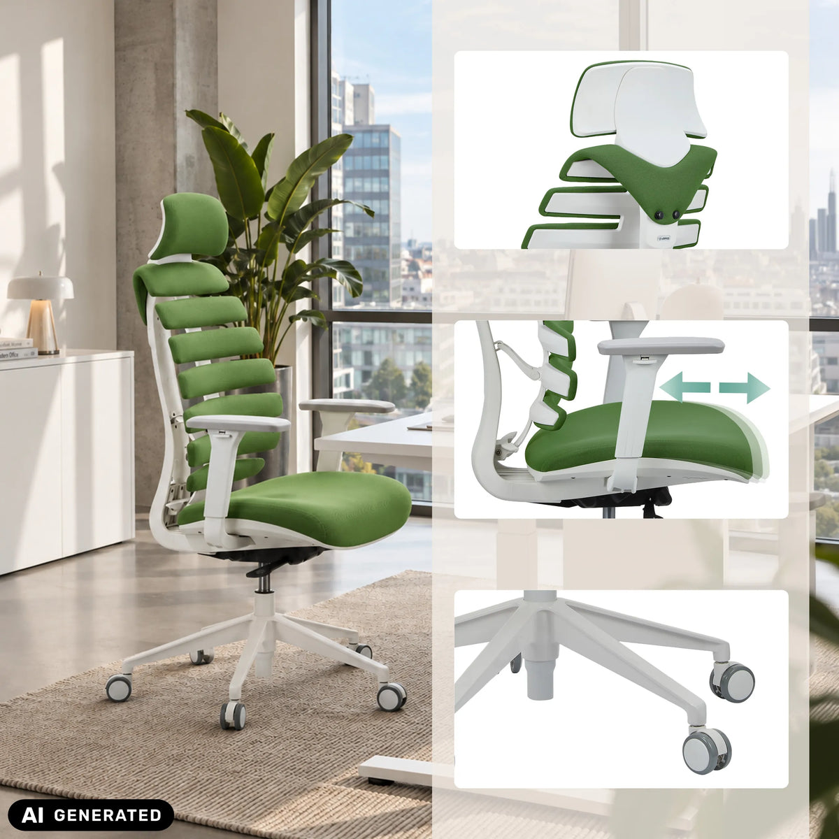 Siège de bureau de qualité professionnelle ERGO LINE W en Mystic Forest avec vues détaillées de hjh OFFICE (image générée par IA)