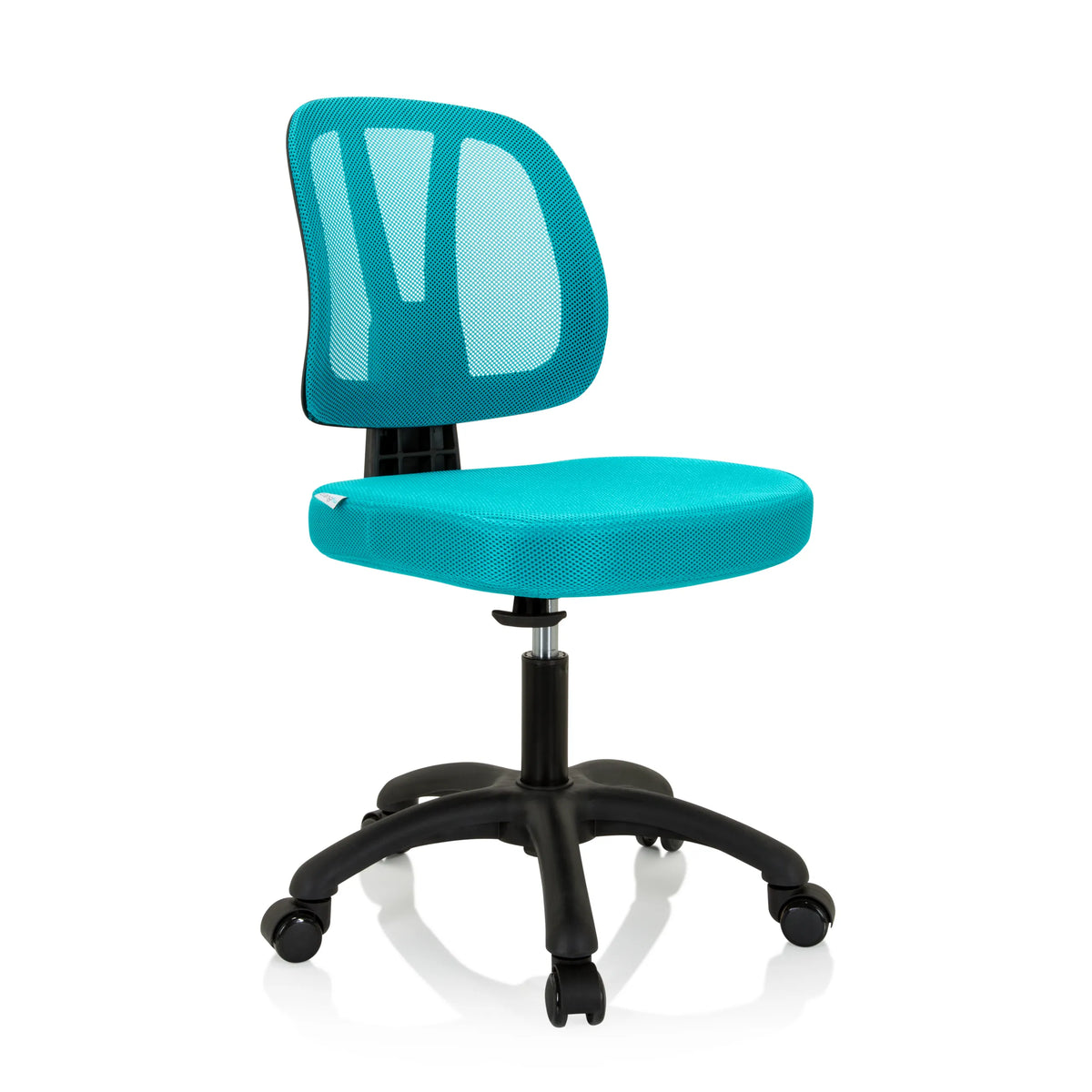 Chaise pivotante pour des enfants KID YU 200 turquoise avec dossier en maille et base à cinq roulettes de hjh OFFICE – vue à 360° (vue de trois quarts avant 40°)