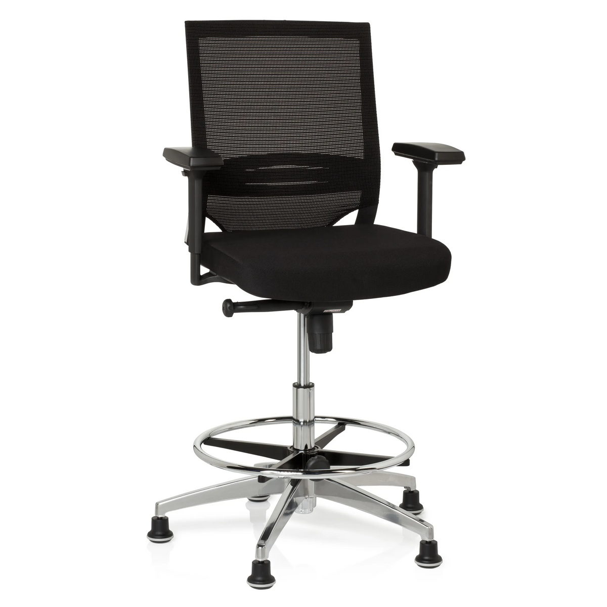 Chaise de comptoir TOP WORK 77 noire avec dossier en maille, repose-pieds et cinq patins de hjh OFFICE – vue à 360° (vue de face 20°)