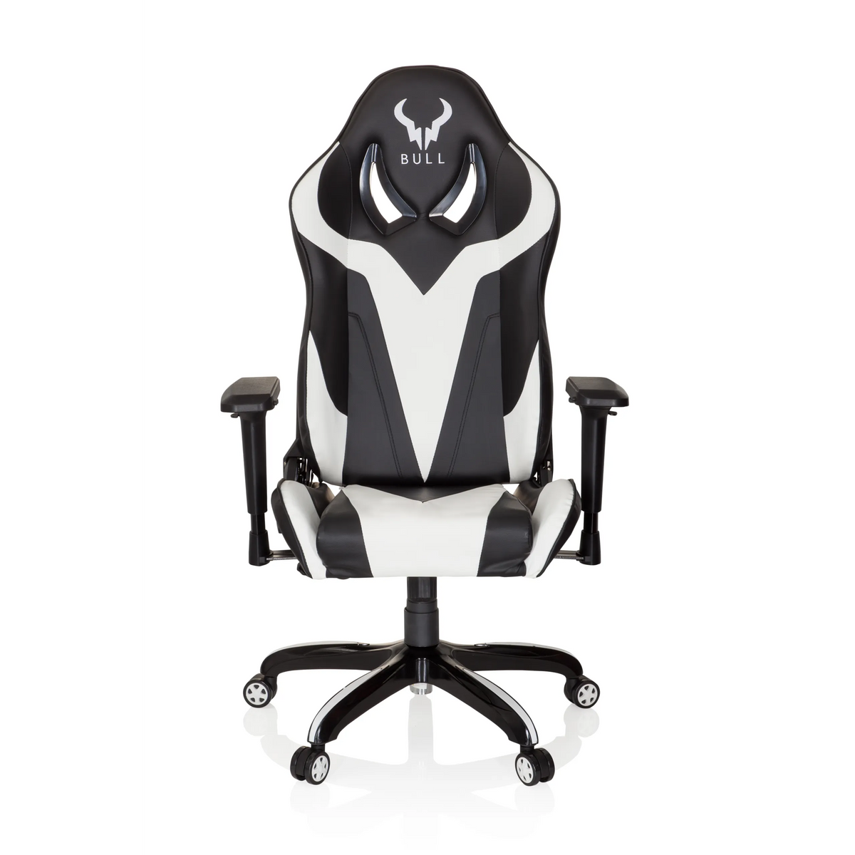 Fauteuil Gamer PROMOTER I noir et blanc avec accoudoirs et base à cinq roulettes de hjh OFFICE – vue à 360° (vue de face 0°)