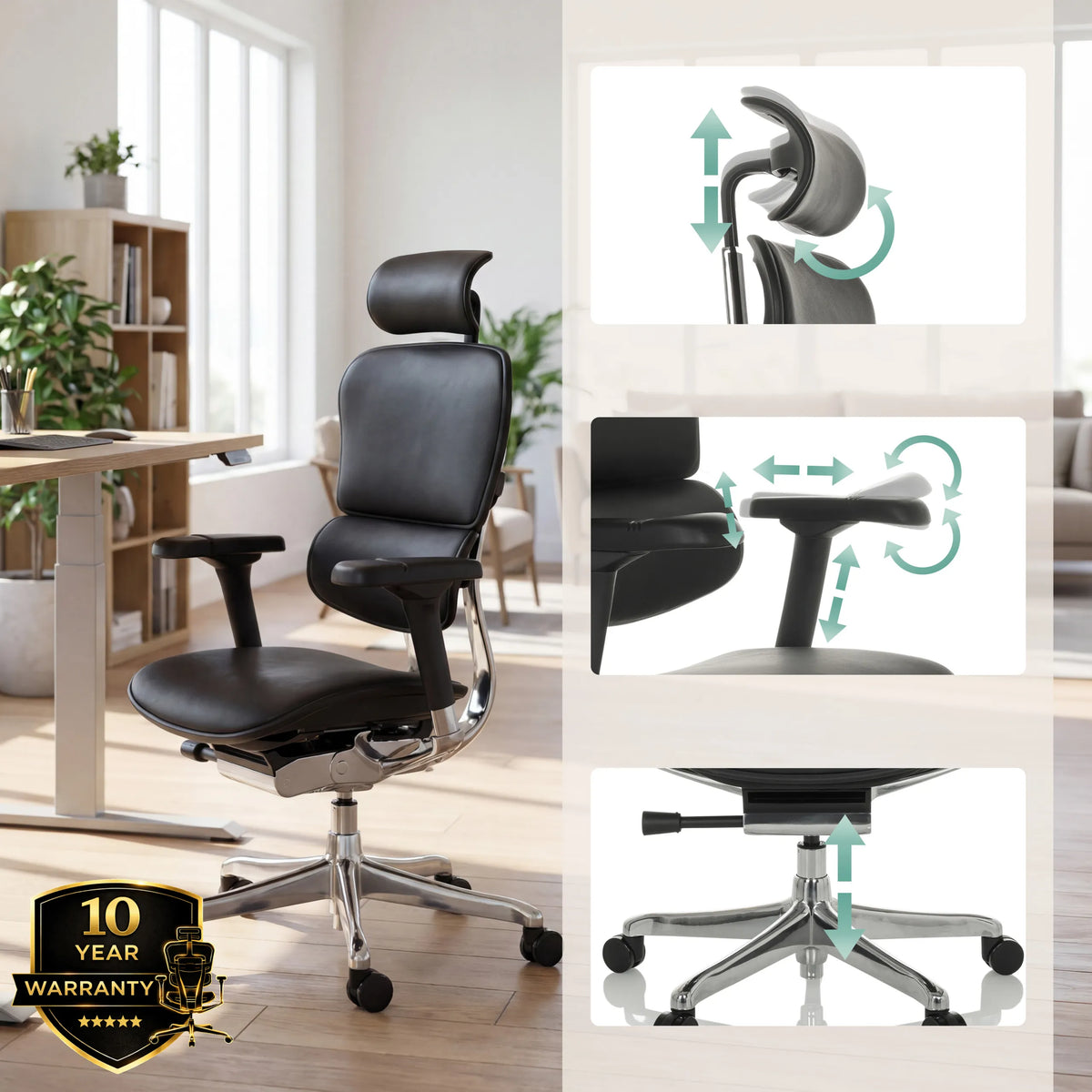 Options de réglage de l'appui-tête, de l'assise et de la hauteur du siège de direction de luxe ERGOHUMAN GEN2 en noir de hjh OFFICE