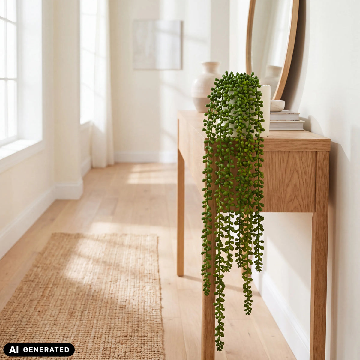 Plante tombante verte Senecio Climb dans un pot blanc sur une table console en bois clair de hjh OFFICE
