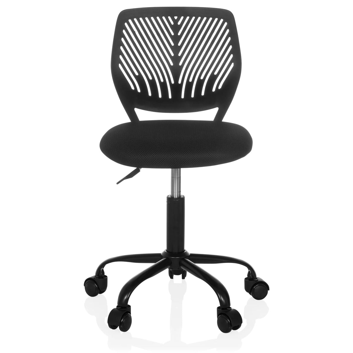 Chaise pivotante pour des enfants KID QB noire avec dossier en maille et base à cinq roulettes de hjh OFFICE – vue à 360° (vue de face 0°)