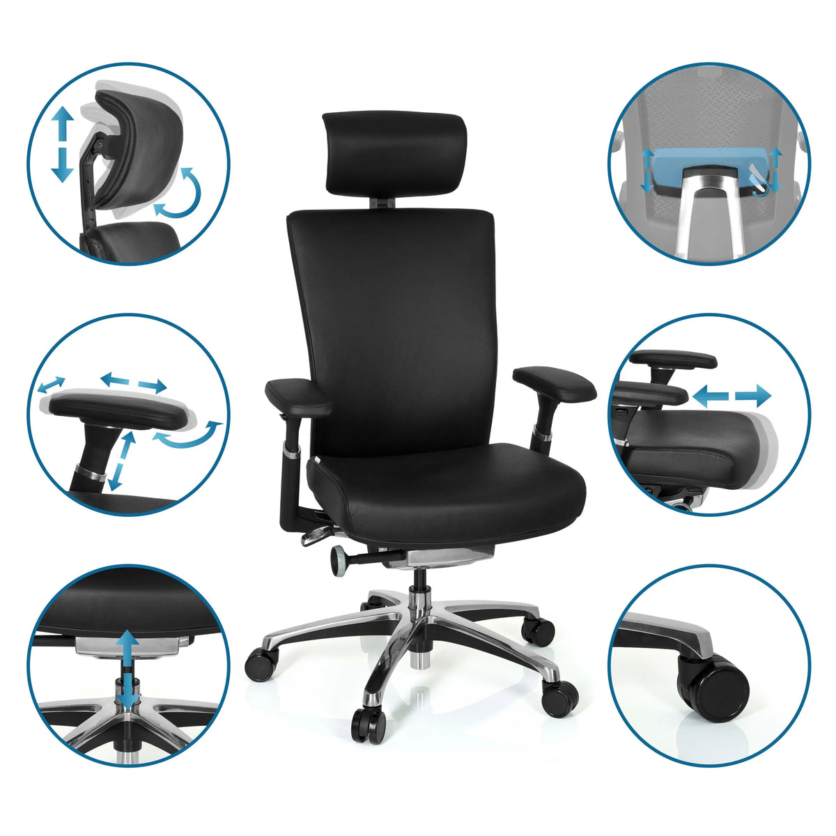 Fonctions réglables du Siège de bureau de qualité professionnelle en cuir noir NOVA de hjh OFFICE