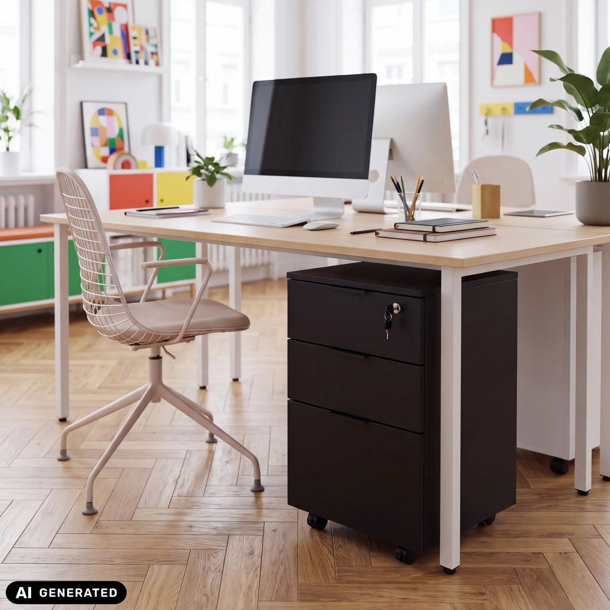 Caisson sur roulettes DAVIK noir avec trois tiroirs et serrure de hjh OFFICE